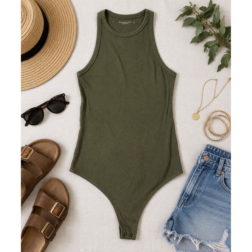 Abercrombie & Fitch Soft A&F Rib High Neck Bodysuit Olive Green Large NEW